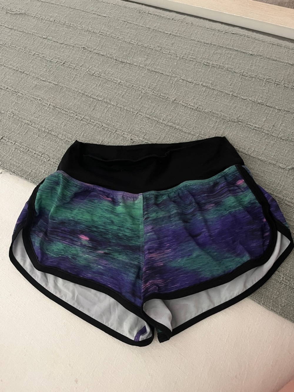 lululemon athletica Black Waistband Green & Purple Patterned Running Shorts